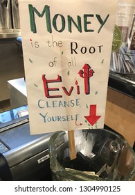 Arcadia, California / USA - July 22 2018: Handmade Tip Jar Sign At A Tea Cafe