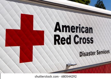 ARCADIA, CA/USA - APRIL 16, 2016: American Red Cross Disaster Services vehicle and logo. 