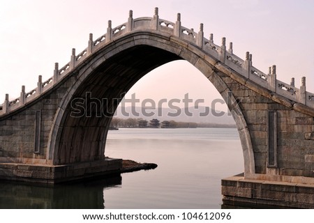 An Arch Bridge spanning over the Kunming Lake at The Summer Palace in Beijing, China. No people. Copy space