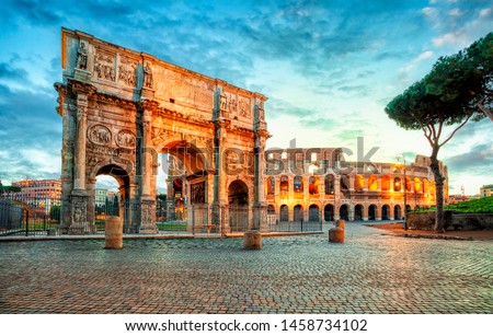 Arch of Constantine and Colosseum in Rome, Italy. Triumphal arch in Rome, Italy. North side, from the Colosseum. . Colosseum is one of the main attractions of Rome. Rome architecture and landmark.