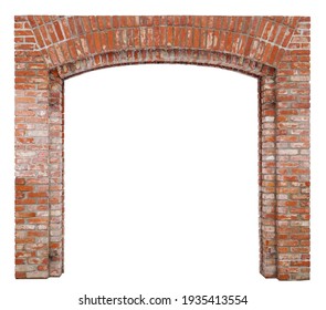 The arch for the gate of the village barn is made of red bricks. Isolated on white