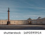 Arch of the main headquarters in Saint Petersburg, Russia during the coronavirus pandemic in April 2020. Empty street.