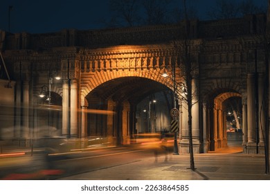 Arch over Ciragan street in Istanbul. Night photography with long exposure.