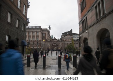 Arch Of Parliament And Drottninggatan Street In Stockholm