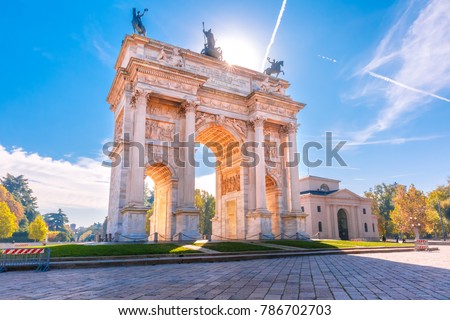 Arch of Peace, or Arco della Pace, city gate in the centre of the Old Town of Milan in the sunny day, Lombardia, Italy.