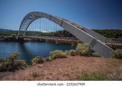 Arch Suspension Cable Bridge Over Green River Flaming Gorge Utah (Cart Creek Bridge)