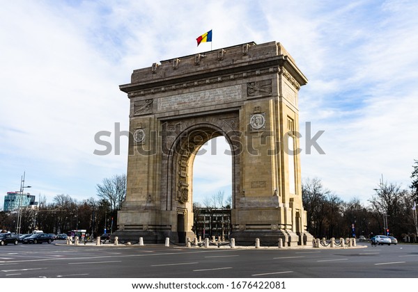 The Arch of\
Triumph (Arcul de Triumf), on the Kiseleff Road, in the northern\
part of Bucharest, Romania,\
2020