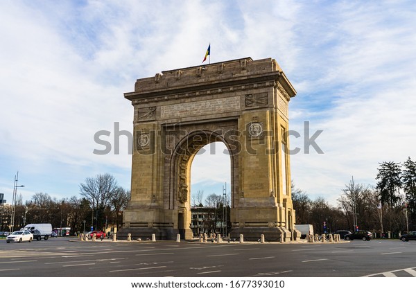 The Arch of\
Triumph (Arcul de Triumf), on the Kiseleff Road, in the northern\
part of Bucharest, Romania,\
2020