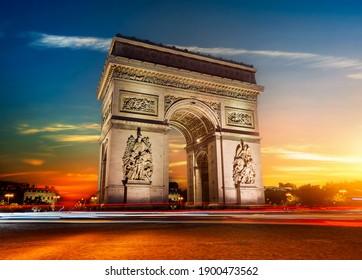 Arch of Triumph in Paris at sunny sunrise, long exposure