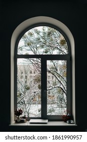 Arch Window With Snowy View Outside. Christmas At Home, 2021 New Year