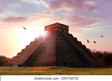 Archaeological complex Chichen Itza. Mayan pyramid on the background of a beautiful sunset. Temple of Kukulkan. Mexico. Yucatan.
