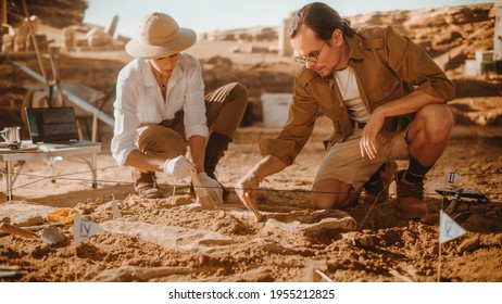 Archaeological Digging Site: Two Great Paleontologists Cleaning Newly Discovered of Dinosaur. Archeologists on Excavation Site Discover Fossil Remains of New Species Skeleton. Close-up Focus on Hands