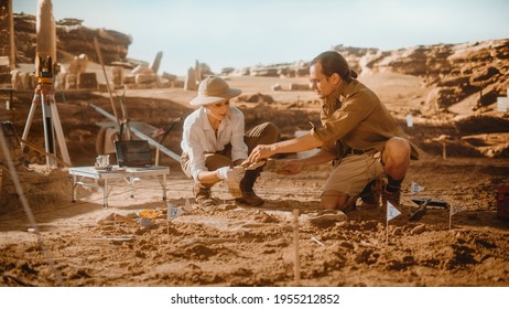 Archaeological Digging Site: Two Great Paleontologists Cleaning Newly Discovered of Dinosaur. Archeologists on Excavation Site Discover Fossil Remains of New Species Skeleton. Close-up Focus on Hands