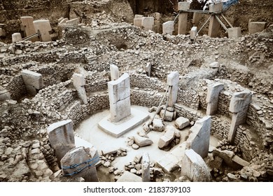 Archaeological excavation site of Gobekli Tepe. Neolithic Sanctuary remains, oldest religious structure in the world. UNESCO World Heritage Site. Sanliurfa province, Turkey - July 2022