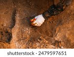 Archaeological excavations of ancient tombs. The remains of a human skeleton, household utensils, jewelry and jewelry found in an ancient tomb. The work of archaeologists