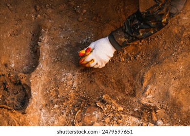 Archaeological excavations of ancient tombs. The remains of a human skeleton, household utensils, jewelry and jewelry found in an ancient tomb. The work of archaeologists