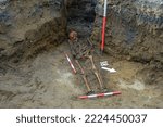 Archaeological excavations. Human remains, bones of skeletons and skulls in the ground tomb. Zilaiskalns, Valmiera.