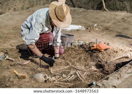 Archaeological excavations, human skeleton remains, found in an ancient tomb. 