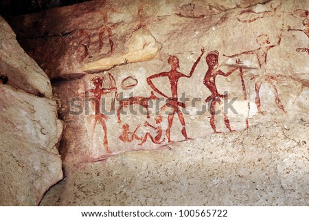 Archaeological pre-historic human cliff paint over 4000 years ago, Nakhonratchasima, Thailand.