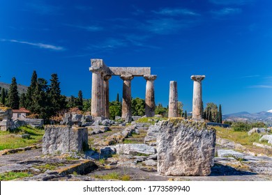 Archaeological Site Of Corinth And Temple of Apollo. The Temple of Apollo (6th c. B.C.) in Ancient Corinth, Greece