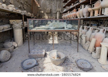 Archaeological site of Pompeii, ancient city near Naples and Vesuvius. Excavated ruins that visitors can freely explore.