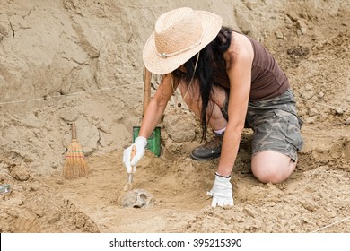 Archaeologist working in field, carefully revealing ancient skull - Shutterstock ID 395215390