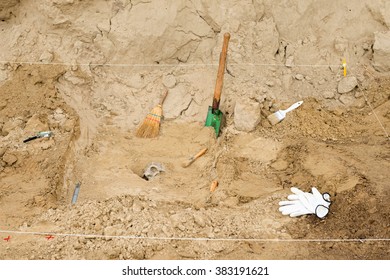 Archaeology Tools At Excavation Site, Work In Progress