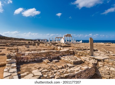 Archaic sanctuary in the archaeological site of Mandra, on the uninhabited Greek island of Despotiko in the Cyclades archipelago, with the reconstructed temple of Apollo and Artemis - Shutterstock ID 2051177207