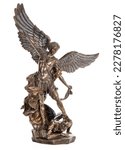 Archangel Michael bronze statue isolated on white background. Vertical shot.