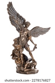 Archangel Michael bronze statue isolated on white background. Vertical shot.
