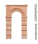 Arched antique doorway frame with a free space in a brick wall is isolated.	