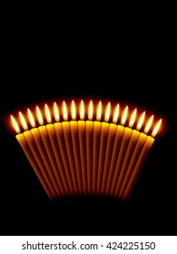 Arched array of bright orange candles with flames on black.