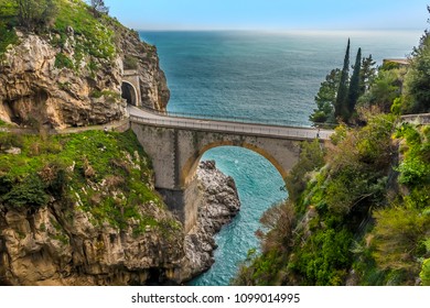 The Arched Bridge At Fiordo Di Furore On The Amalfi Coast, Italy On A Sunny Day