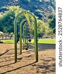 arched green swingset beautiful design green empty playground grassy field lusch backdrop 