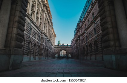 Arched passageway which is a part of Swedish parliament building or Sveriges Riksdag in the Riksgatan part of Gamla stan in central Stockholm
