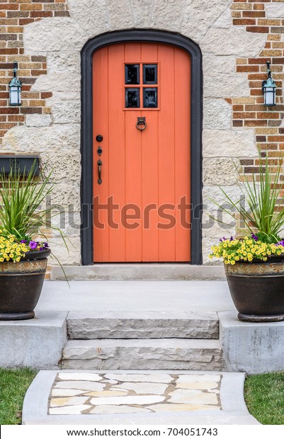 Arched Wood Doorway Orange Front Door Stock Photo Edit Now 704051743
