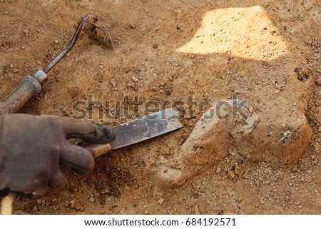 Archeological tools, Archeologist working on site, close-up, hand and tool.