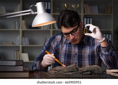 Archeologist Working Late Night In Office