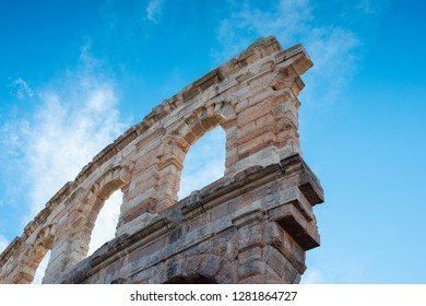 Arches and details of famous ancient roman amphitheatre Arena di Verona, Italy. The "Ala", the last surviving part of Verona Arena outer ring