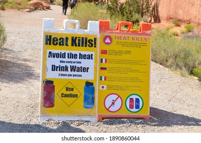 Arches National Park, Utah, U.S. - August 14, 2016: Heat Warning Sign For Hikers 