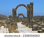 Arches of Trajan and Tiberius. Roman ruins of Leptis Magna. Libya          