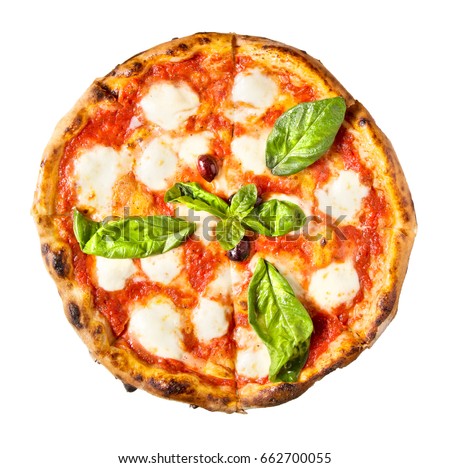 The archetype of a thin-crust pizza pie, a pizza margherita adorned simply in the colors of the Italian flag  green from basil, white from mozzarella, red from tomato sauce