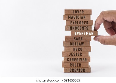 Archetypes concepts on wooden stacks over white background