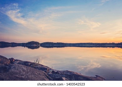 Archipelago Landscape From Finland With Sunset Colors