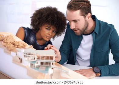 Architect, building design and business people with model, engineering and creativity with cooperation. Teamwork, ideas and coworkers with brainstorming and conversation with partnership and support - Powered by Shutterstock