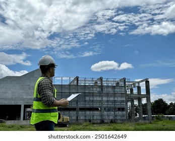An architect is checking the orderliness and safety of a construction building at the construction site.
