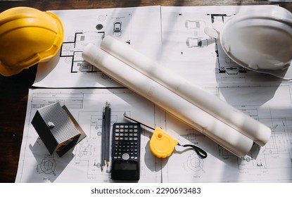 Architect concept, Architects working with blueprints in the office, Vintage Effect - Shutterstock ID 2290693483