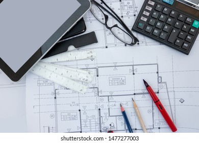 Architect Design Working Drawing Sketch Plans Stock Photo 1485389546 