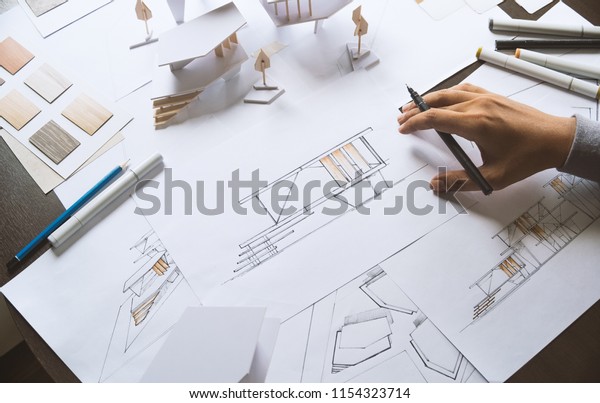 Architect Design Working Drawing Sketch Plans Stock Photo Edit