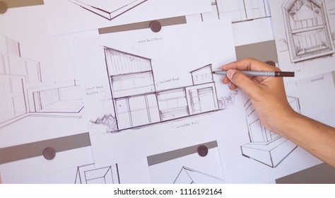 Architect Designer Engineer Sketching Drawing Draft Working Perspective Sketch  Design House Construction Project